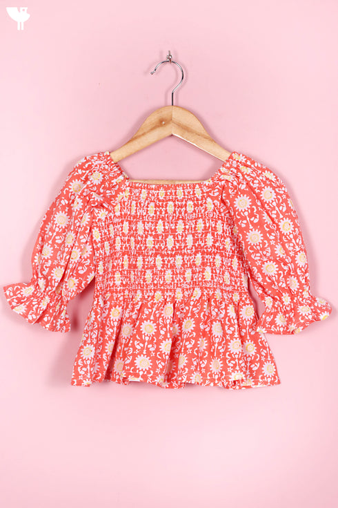 Cambric Cotton Shirred Top In Floral Block Print